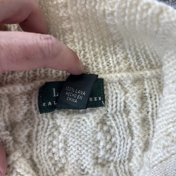 Ralph Lauren LRL Fisherman Cardigan Mens Medium Cable Knit Chunky Wool Zip Ivory - Picture 8 of 11